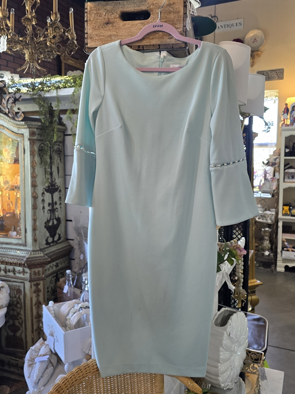 Calvin Klein Mint Blue Midi Dress With Pearl Sleeve Accents